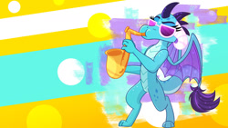 Size: 1280x720 | Tagged: safe, artist:lbrcloud, imported from derpibooru, princess ember, dragon, abstract background, female, musical instrument, playing instrument, saxophone, solo, sunglasses