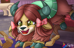 Size: 1224x792 | Tagged: safe, artist:inkkeystudios, imported from derpibooru, yona, yak, bow, cloven hooves, female, hair bow, indoors, monkey swings, open mouth, open smile, signature, smashing, smiling, solo, wood