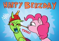 Size: 1169x827 | Tagged: safe, artist:doublewbrothers, imported from derpibooru, pinkie pie, oc, oc:berzie, changedling, changeling, earth pony, pony, birthday gift art, changedling oc, changeling oc, gift art, happy birthday, hat, one eye closed, open mouth, party hat, party horn, pinkie being pinkie