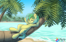 Size: 1224x792 | Tagged: safe, artist:inkkeystudios, imported from derpibooru, sandbar, earth pony, pony, beach, belly, eyes closed, hooves behind head, male, ocean, palm tree, reclining, relaxing, signature, smiling, solo, stallion, tree, tropical, tropical island, water