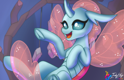 Size: 1224x792 | Tagged: safe, artist:inkkeystudios, imported from derpibooru, ocellus, changedling, changeling, cute, diaocelles, flying, frog (hoof), happy, open mouth, open smile, signature, smiling, solo, underhoof