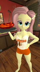 Size: 900x1600 | Tagged: safe, artist:oatmeal!, imported from derpibooru, fluttershy, human, equestria girls, 3d, breasts, busty fluttershy, chicken meat, clothes, food, fried chicken, gmod, hand on hip, hooters, looking at you, meat, plate, platter, restaurant, sexy, shorts, solo, spread legs, spreading, tanktop, waitress, wide hips