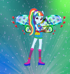 Size: 1297x1376 | Tagged: safe, artist:ketrin29, artist:user15432, imported from derpibooru, rainbow dash, fairy, human, equestria girls, alternate hairstyle, barely eqg related, base used, believix, belt, boots, clothes, colored wings, crossover, element of loyalty, fairy wings, fairyized, gradient background, gradient wings, hand on arm, high heel boots, high heels, looking at you, multicolored wings, ponied up, ponytail, rainbow wings, shoes, socks, solo, sparkly background, sparkly wings, wings, winx, winx club, winxified