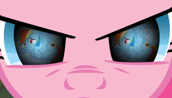 Size: 665x380 | Tagged: safe, edit, edited screencap, imported from derpibooru, screencap, pinkie pie, rainbow dash, earth pony, pegasus, pony, party of one, season 1, sonic rainboom (episode), angry, eye reflection, female, fetal position, frown, implied cupcakes, mare, reflection, scared, stare, wings