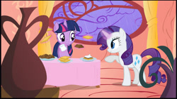 Size: 1632x923 | Tagged: safe, imported from derpibooru, screencap, rarity, twilight sparkle, earth pony, pony, unicorn, look before you sleep, golden oaks library, levitation, looking at each other, looking at someone, magic, rain, s'mores, telekinesis