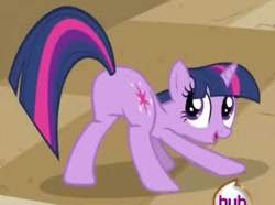 Size: 351x261 | Tagged: safe, imported from derpibooru, screencap, twilight sparkle, pony, unicorn, a canterlot wedding, season 2, butt, cropped, face down ass up, female, hub logo, logo, looking back, mare, open mouth, open smile, plot, smiling, sunshine sunshine, the hub, twibutt, unicorn twilight