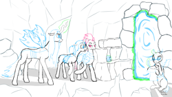 Size: 1280x720 | Tagged: safe, artist:ekholunalis, imported from derpibooru, queen chrysalis, tempest shadow, oc, oc:glyptria, oc:licoris, changeling, changeling queen, pony, unicorn, aunt, canterlot wedding 10th anniversary, female, hive, levitation, magic, mare, mommy chrissy, mother and child, mother and daughter, offspring, parent:queen chrysalis, portal, simple background, sketch, telekinesis