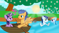 Size: 3860x2171 | Tagged: safe, artist:mlplary6, imported from derpibooru, flash sentry, rainbow dash, soarin', twilight sparkle, alicorn, pegasus, pony, angry, boat, female, flashlight, friends, heart, looking at each other, looking at someone, male, mare, river, shipping, smiling, smiling at each other, soarindash, stallion, straight, sun, tree, twilight sparkle (alicorn), water