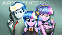 Size: 2500x1405 | Tagged: safe, artist:aryatheeditor, imported from derpibooru, sci-twi, twilight sparkle, oc, oc:nightfall sparkle, oc:velodash, human, equestria girls, adorable face, anime, anya forger, bare shoulders, bedroom eyes, bust, canon x oc, clothes, cosplay, costume, cute, daughter, digital art, dress, element of magic, family, female, flower, geode of telekinesis, glasses, gun, handgun, headcanon, heterochromia, loid forger, magical geodes, male, offspring, outfit, parent:oc:velodash, parent:sci-twi, parents:canon x oc, pistol, powerful sparkle, purple hair, shipping, sleeveless, sleeveless dress, spy x family, straight, trio, twiabetes, weapon, yor forger