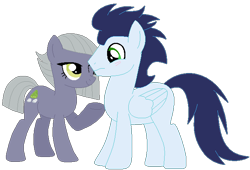 Size: 670x456 | Tagged: safe, artist:jadeharmony, artist:painterede, artist:selenaede, imported from derpibooru, limestone pie, soarin', earth pony, pegasus, pony, base used, blushing, duo, duo male and female, female, frown, limin', looking at each other, looking at someone, male, mare, one eye closed, raised hoof, shipping, simple background, smiling, stallion, straight, transparent background, wink
