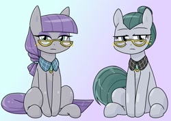 Size: 1117x790 | Tagged: safe, artist:batipin, imported from derpibooru, cloudy quartz, maud pie, earth pony, pony, alternate hairstyle, blue background, duo, duo female, female, glasses, gradient background, lidded eyes, looking at you, mare, mother and child, mother and daughter, purple background, simple background, sitting