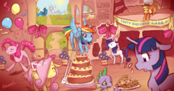 Size: 1500x786 | Tagged: safe, artist:hinoraito, imported from derpibooru, applejack, fluttershy, pinkie pie, princess celestia, princess luna, rainbow dash, rarity, spike, twilight sparkle, alicorn, dragon, earth pony, pegasus, pony, unicorn, balloon, banner, birthday, cake, cookie, cowboy hat, eyes closed, female, floppy ears, flying, food, golden oaks library, hair over one eye, happy birthday luna, hat, male, mane seven, mane six, mare, party, shocked, unicorn twilight, walking, wide eyes