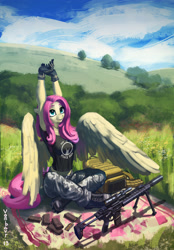 Size: 3200x4600 | Tagged: dead source, safe, artist:vombavr, imported from derpibooru, fluttershy, anthro, backpack, badass, bipod, clip, female, flutterbadass, gun, gun magazine, high res, larue tactical, magpul, military, picatinny rail, rifle, scope, sig sauer mcx, solo, stretching, stripper clip, suppressor, tacticool, weapon