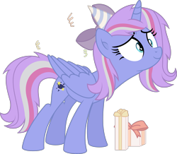 Size: 3779x3292 | Tagged: safe, artist:thatusualguy06, imported from derpibooru, oc, oc only, oc:starcollider, alicorn, pony, .svg available, alicorn oc, base used, birthday, female, hat, high res, horn, mare, party hat, present, simple background, solo, svg, transparent background, vector, wings