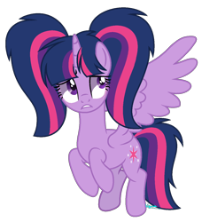Size: 1202x1319 | Tagged: safe, artist:amicasecret-yt, imported from derpibooru, twilight sparkle, alicorn, pony, alternate hairstyle, base used, female, flying, full body, gritted teeth, hooves, horn, mare, pigtails, signature, simple background, solo, spread wings, teeth, transparent background, twilight sparkle (alicorn), twintails, wings