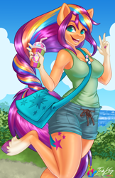 Size: 792x1224 | Tagged: safe, artist:inkkeystudios, imported from derpibooru, imported from ponybooru, sunny starscout, anthro, earth pony, pony, unguligrade anthro, bag, breasts, clothes, cup, drink, female, g5, nail polish, open mouth, open smile, purse, shorts, signature, slushie, smiling, smoothie, solo, tanktop