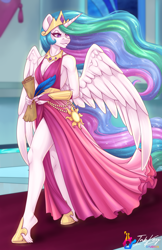 Size: 792x1224 | Tagged: safe, artist:inkkeystudios, imported from derpibooru, imported from ponybooru, princess celestia, alicorn, anthro, unguligrade anthro, breasts, carpet, clothes, dress, female, quill, scroll, signature, smiling, solo, throne room, walking