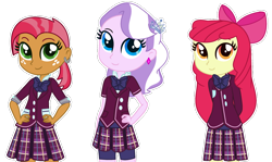 Size: 1920x1146 | Tagged: safe, artist:yaya54320, imported from derpibooru, apple bloom, babs seed, diamond tiara, human, equestria girls, apple bloom's bow, blue eyes, bow, clothes, clothes swap, crystal prep academy, crystal prep academy uniform, crystal prep shadowbolts, ear piercing, earring, female, green eyes, hair bow, hand on hip, hands behind back, jacket, jewelry, long sleeves, orange eyes, piercing, pink hair, pink skin, red hair, rolled up sleeves, school uniform, shirt, short sleeves, shorts, shorts under skirt, simple background, skirt, smiling, transparent background, trio, trio female, yellow skin