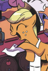 Size: 366x535 | Tagged: safe, artist:andypriceart, edit, idw, imported from derpibooru, applejack, earth pony, pony, spoiler:comic, spoiler:comicm03, apple, applejack's hat, apron, bartender, cloth, clothes, cowboy hat, cropped, eyes closed, female, food, freckles, hat, mare, open mouth, smiling