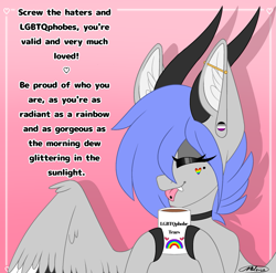 Size: 1367x1349 | Tagged: safe, artist:melodytheartpony, imported from derpibooru, oc, oc:melody silver, dracony, dragon, hybrid, :p, asexual, asexual artist, choker, fangs, female, happy, horns, lgbtq, mug, piercing, pride, pride month, rainbow, signature, smiling, text, tongue out