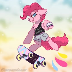 Size: 1640x1639 | Tagged: safe, artist:bluemoon, imported from derpibooru, pinkie pie, pony, acab, anarchism, asexual pride flag, black lives matter, clothes, ear piercing, earring, fangs, female, floppy ears, grin, jewelry, makeup, mare, nose piercing, nose ring, piercing, politics, pride, pride flag, punk, punkie pie, shorts, skateboard, smiling, solo, tanktop, transgender pride flag