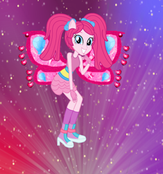 Size: 1296x1376 | Tagged: safe, artist:ketrin29, artist:user15432, imported from derpibooru, pinkie pie, fairy, human, equestria girls, alternate hairstyle, barely eqg related, base used, believix, boots, bow, clothes, crossover, element of laughter, fairy wings, fairyized, fingerless gloves, gloves, gradient background, hair bow, high heel boots, high heels, looking at you, pigtails, pink wings, ponied up, shoes, smiling, socks, solo, sparkly background, sparkly wings, wings, winx, winx club, winxified