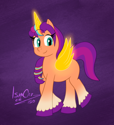 Size: 1128x1242 | Tagged: safe, artist:ismazhecat, imported from derpibooru, sunny starscout, alicorn, pony, g5, horn, looking at you, my little pony: a new generation, race swap, smiling, spread wings, sunnycorn, walking, wings