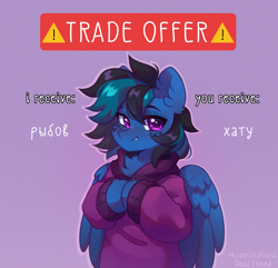 Size: 3528x3400 | Tagged: safe, artist:dedfriend, imported from derpibooru, oc, oc only, oc:felonale, pegasus, pony, clothes, cyrillic, hoodie, meme, russian, simple background, solo, trade offer, translated in the comments