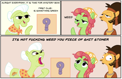 Size: 2000x1307 | Tagged: safe, artist:velgarn, imported from derpibooru, flax seed, granny smith, tree hugger, earth pony, pony, 4chan, clothes, derp, eyebrows, female, funny, granny smith's shawl, headband, headscarf, high, hippie, male, mare, messy mane, mystery box, scarf, stallion, stoned, swearing, the muppets, vulgar, yelling