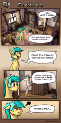 Size: 2207x4433 | Tagged: safe, artist:helmie-art, imported from derpibooru, oc, oc only, oc:karoline skies, earth pony, pony, angry, book, comic, grumbling, indoors, mess, messy, room, scenery, window