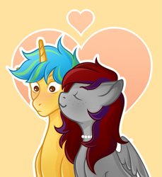 Size: 1455x1588 | Tagged: safe, imported from derpibooru, oc, oc only, oc:sunrise sentry, pegasus, unicorn, cheek kiss, female, freckles, jewelry, kissing, male, mare, necklace, pearl necklace, stallion