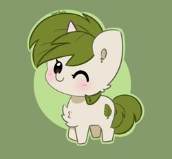 Size: 3224x2974 | Tagged: safe, artist:kittyrosie, imported from derpibooru, oc, pony, unicorn, abstract background, cheek fluff, chest fluff, chibi, cute, horn, ocbetes, one eye closed, simple background, solo, unicorn oc, wink