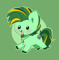 Size: 3752x3872 | Tagged: safe, artist:kittyrosie, imported from derpibooru, oc, earth pony, pony, abstract background, blushing, cheek fluff, chest fluff, chibi, cute, earth pony oc, jewelry, necklace, ocbetes, open mouth, simple background, solo