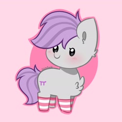 Size: 2042x2048 | Tagged: safe, artist:kittyrosie, imported from derpibooru, oc, earth pony, pony, abstract background, blushing, cheek fluff, chest fluff, chibi, clothes, cute, earth pony oc, ocbetes, simple background, socks, solo, striped socks