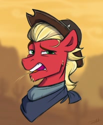 Size: 837x1013 | Tagged: safe, artist:rutkotka, imported from derpibooru, sprout cloverleaf, earth pony, pony, bandana, cowboy hat, g5, hat, male, solo, stallion, straw in mouth