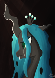 Size: 1800x2530 | Tagged: safe, artist:tazool, imported from derpibooru, queen chrysalis, changeling, changeling queen, bust, canterlot wedding 10th anniversary, crown, female, jewelry, light, looking down, portrait, regalia, sad, solo