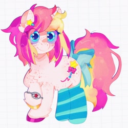 Size: 2090x2090 | Tagged: safe, artist:bug-roux, imported from derpibooru, oc, oc only, pony, unicorn, chest fluff, clothes, socks, solo, stockings, striped socks, thigh highs