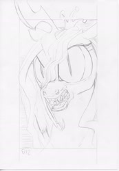 Size: 1900x2748 | Tagged: safe, artist:abronyaccount, derpibooru exclusive, imported from derpibooru, queen chrysalis, changeling, changeling queen, bust, fangs, female, grayscale, mare, monochrome, open mouth, pencil drawing, sketch, slit pupils, traditional art