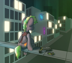 Size: 1920x1675 | Tagged: safe, artist:ebunix, imported from derpibooru, oc, oc:lightflare, pegasus, city, cityscape, energy weapon, facing away, futuristic, gun, neon, neon sign, night, pegasus oc, solo, street, weapon