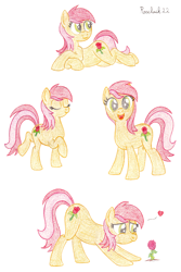 Size: 1280x1920 | Tagged: safe, artist:roseluck, imported from derpibooru, roseluck, earth pony, pony, colored pencil drawing, crossed hooves, female, flower, full body, heart, looking at something, looking at you, lying down, mare, rose, simple background, smiling, smiling at you, solo, standing, tail, traditional art, white background