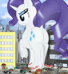 Size: 1399x1512 | Tagged: safe, artist:qkersnll, imported from derpibooru, rarity, pony, unicorn, butt, city, crushing, destruction, dock, female, giant pony, giantess, macro, mare, out of character, plot, rearity, tail