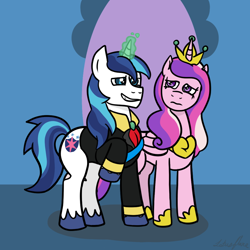 Size: 1000x1000 | Tagged: safe, artist:lotusflare, imported from derpibooru, princess cadance, queen chrysalis, shining armor, alicorn, unicorn, alternate universe, canterlot wedding 10th anniversary, disguise, disguised changeling, glowing, glowing horn, horn, what if