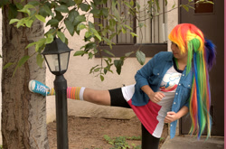 Size: 2182x1440 | Tagged: safe, artist:eri-nyan, imported from derpibooru, rainbow dash, human, equestria girls, 2015, clothes, cosplay, costume, irl, irl human, multicolored hair, photo, rainbow hair, solo, tree