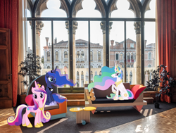 Size: 1920x1454 | Tagged: safe, artist:90sigma, artist:istilllikegamecubes, artist:mlplover94, imported from derpibooru, princess cadance, princess celestia, princess luna, alicorn, pony, building, chair, couch, crown, female, hoof shoes, irl, jewelry, looking at you, mare, memphis, open mouth, photo, ponies in real life, regalia, royal sisters, siblings, sisters, sitting, smiling, tennessee, trio