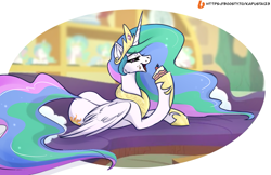 Size: 2485x1614 | Tagged: safe, artist:kapusta123, imported from derpibooru, princess celestia, alicorn, pony, cake, cakelestia, cheek fluff, colored, crown, dock, eating, female, food, herbivore, horn, jewelry, long mane, long tail, lying down, mare, on side, partially open wings, peytral, prone, regalia, slim, solo, spine, tail, thin, wings