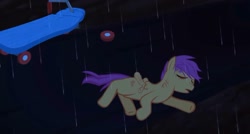 Size: 1280x687 | Tagged: safe, artist:kdanielss, imported from derpibooru, scootaloo, abuse, eyes closed, lying down, night, passed out, rain, scootabuse, scooter, youtube link