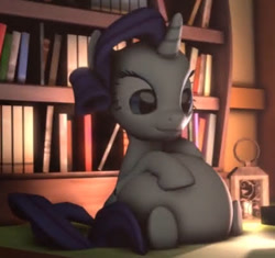 Size: 431x405 | Tagged: safe, artist:blueblaze95, imported from derpibooru, rarity, pony, unicorn, 3d, belly, bellyrubs, big belly, bookshelf, female, horn, implied twilight sparkle, lantern, mare, preylight, raripred, sitting, smiling, source filmmaker, vore