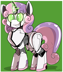 Size: 1086x1248 | Tagged: safe, artist:malachimoet, imported from derpibooru, sweetie belle, pony, robot, robot pony, unicorn, friendship is witchcraft, alternate universe, female, filly, foal, glowing, glowing eyes, green background, grin, looking at you, magic, magic aura, simple background, smiling, smiling at you, solo, sweetie bot