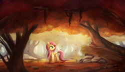 Size: 1800x1042 | Tagged: safe, artist:ajvl, imported from derpibooru, fluttershy, pegasus, pony, autumn, female, forest, leaves, mare, scenery, solo, tree