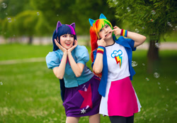 Size: 1280x884 | Tagged: safe, artist:krutaiamaria, artist:seabeersky, imported from derpibooru, rainbow dash, twilight sparkle, human, equestria girls, bubble, clothes, cosplay, costume, duo, irl, irl human, multicolored hair, photo, rainbow hair